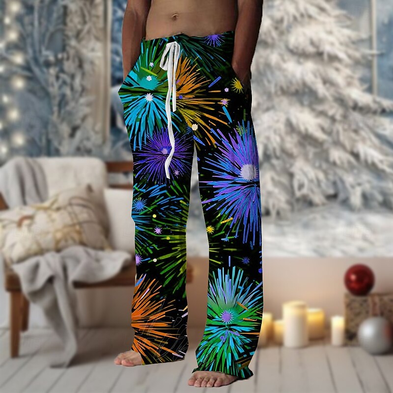 Men's Floral Floral Stripe Pants Trousers Mid Waist Drawstring Elastic Waist Hawaiian Casual Outdoor Vacation Party Evening Wear Straight Leg Trousers Summer Spring Fall 3D Print Blue Purple Orange2