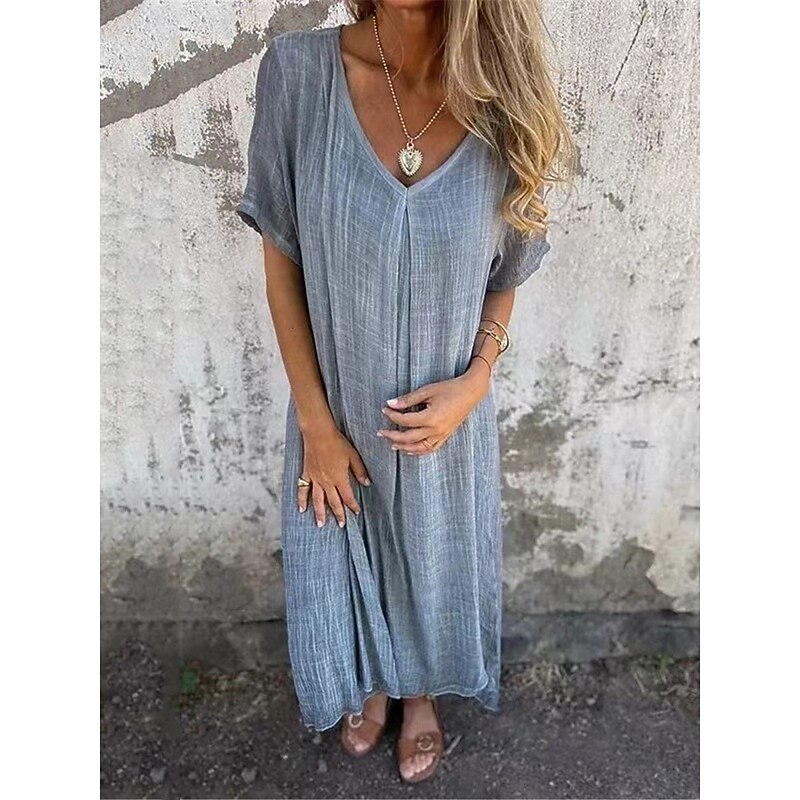 Women's Maxi Dress Linen-Inspired Dresses Casual Dress Plain Dress Casual Sports & Outdoor Street Regular Fit Plain Short Sleeve V Neck Pink Blue Green Summer4