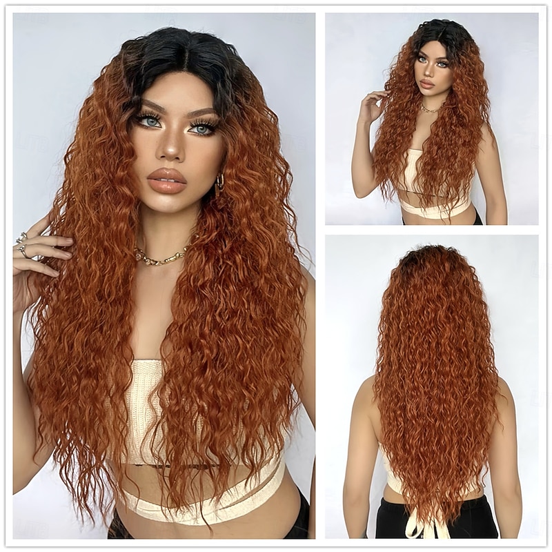 Synthetic Lace Wig Curly Style 26 inch Brown with Golden Highlights Middle Part 13x5x1 Lace Front Wig Women's Wig Black / Gold
