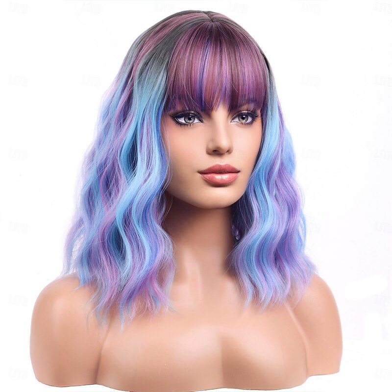 Wigs with Bangs Short Colorful Bob Wigs for Women Loose Wavy Wig for Women Girls3