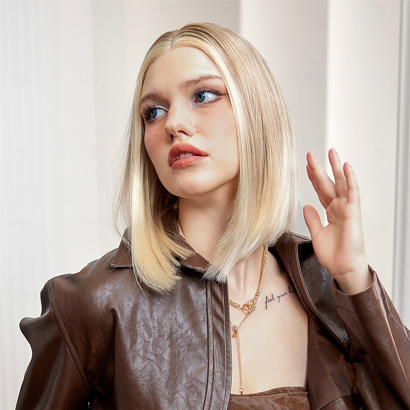 Synthetic Lace Wig Straight Style 14 inch Blonde Middle Part 13x6 Lace Front Wig Women's Wig Light Brown Lace4