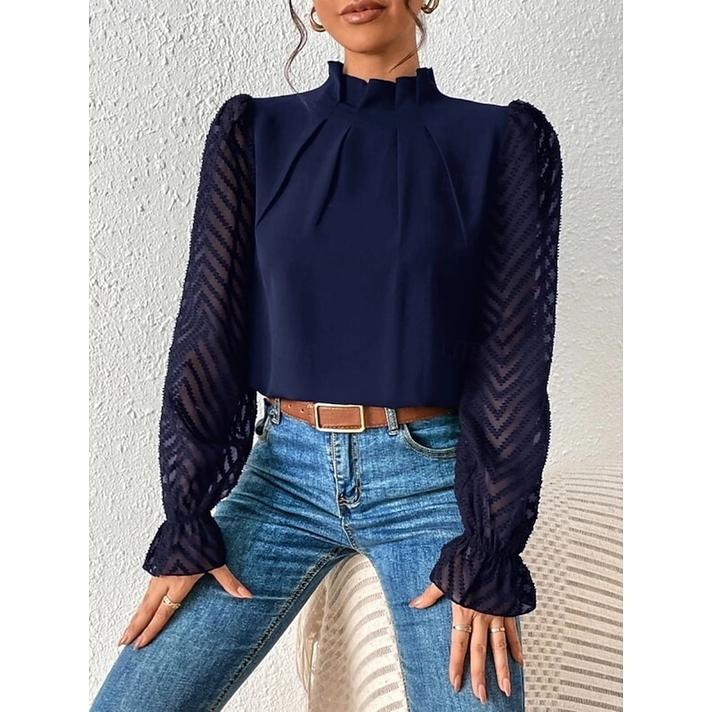 Women's Shirt Blouse Solid Color Basic Casual Long Sleeve Turtleneck Regular Tops Daily Mesh Patchwork Pink Navy Blue Beige Spring &  Fall2