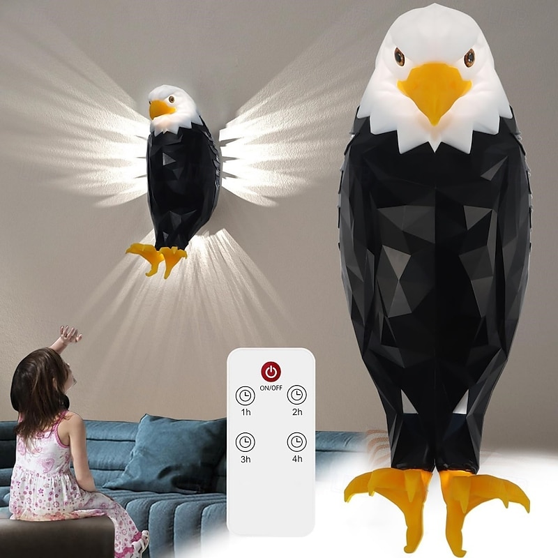 Rechargeable 3D Animals LED Wall Owl Sleep Night Light with Remote Control, Wall Light Bald Eagle Lion Wall Light Plug into Wall for Stairway Hallway Kitchen Resin Craft