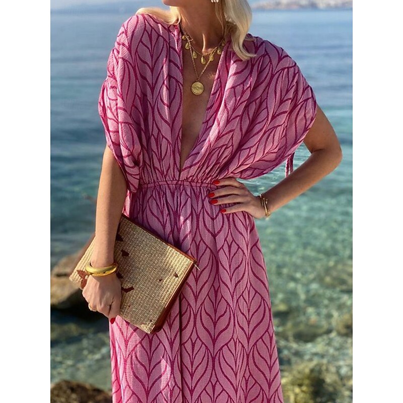 Women's Geometric V Neck Maxi Dress Half Sleeve Summer Spring3