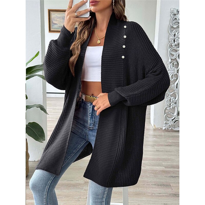 Women's Sweater Cardigan Casual Soft Pure Color Ribbed Open Front Beaded Knitted Long Sleeve Long Tops Knit Outdoor Daily Weekend Black Blue Fall Winter3