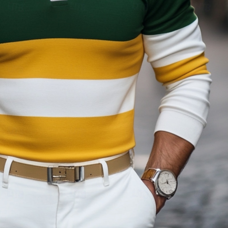 Men's Color Block Stripes Rugby Polo Shirts Long Sleeve Polo Shirts Lapel Classic Fashion 3D Print Modern Casual Sports Stripe Fall Winter Blue Green3