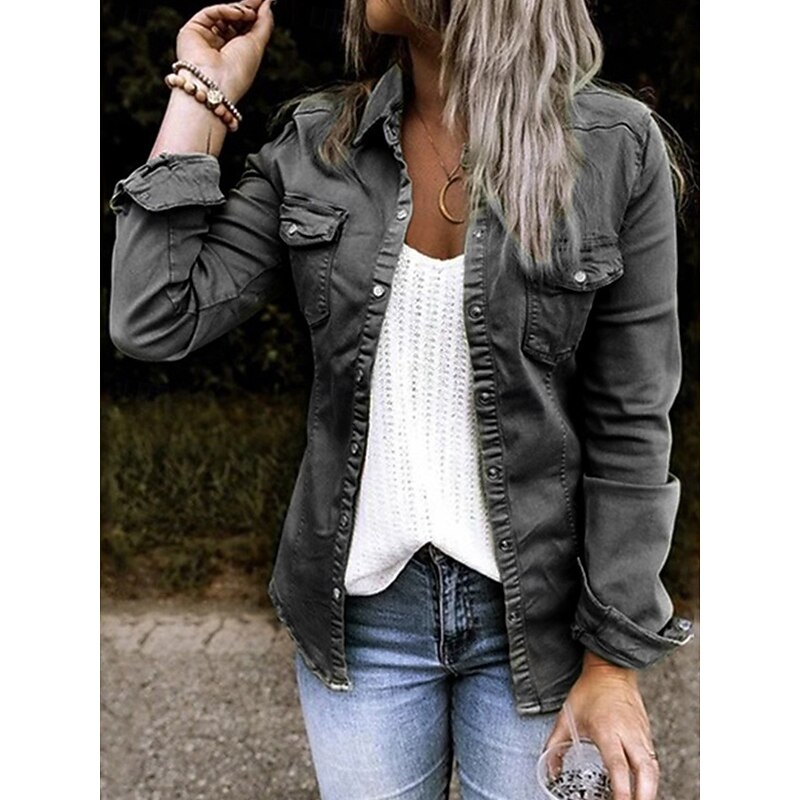 Women's Shirt Long Sleeve Shirt Collar Black Army Green Gray Spring &  Fall3