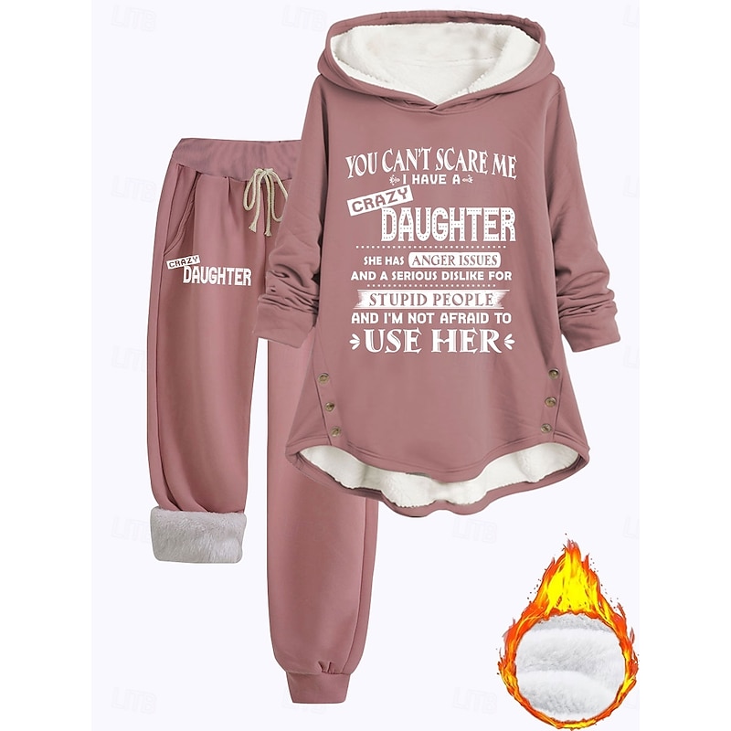 Women's Pajamas Set Fleece Lined 2 Pieces Hoodie Tracksuits Fleece Pants Long Sleeve Daily Hooded Letter Drawstring Print Casual Dark Pink Blue Gray Fall Regular Fit