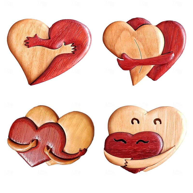 A Hug from My Heart for You Handmade Wood Carvings, A Hug from My Heart to Yours, Wooden a Hug from My Heart, Loving Hearts Creative Wooden Pendant for Him and Her (4PCS)