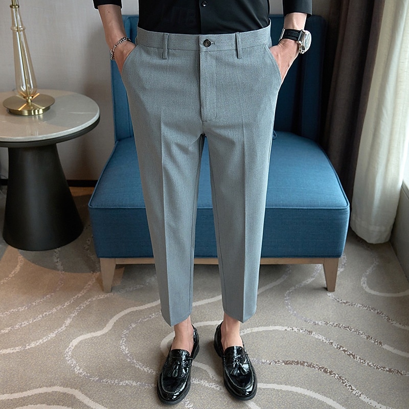 Men's Graduation Dress Pants Cropped Pants Buttons Pocket Plain Comfort Ankle-Length Formal Party Work Fashion Classic Style Black Navy Blue Micro-elastic2