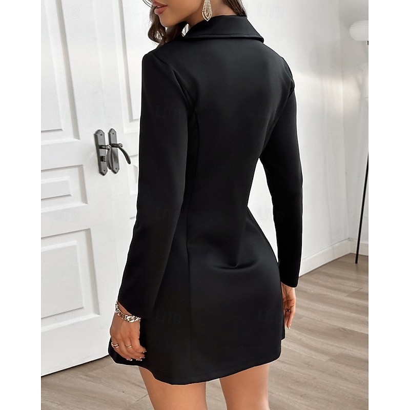 Women's A Line Dress Mini Dress Zipper Buttons Elegant V Neck Long Sleeve Black Red Color4
