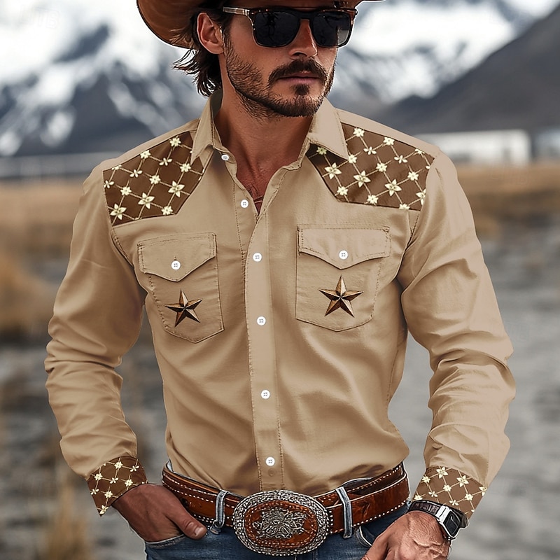 Men's Pentagram Western Shirt Cowboy Shirt Long Sleeve Western Sport Spring Fall Turndown Patchwork Dark Brown Brown