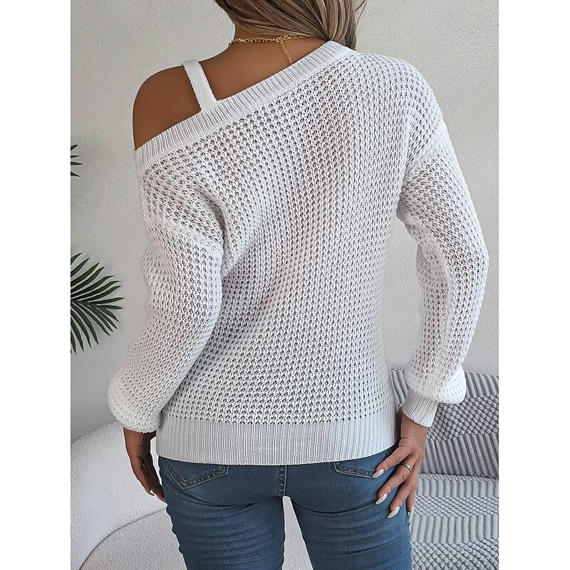 Women's Pullover Casual Soft Pure Color Ribbed One Shoulder Knitted Long Sleeve Regular Tops Knit Outdoor Daily Weekend White Pink Fall Winter2