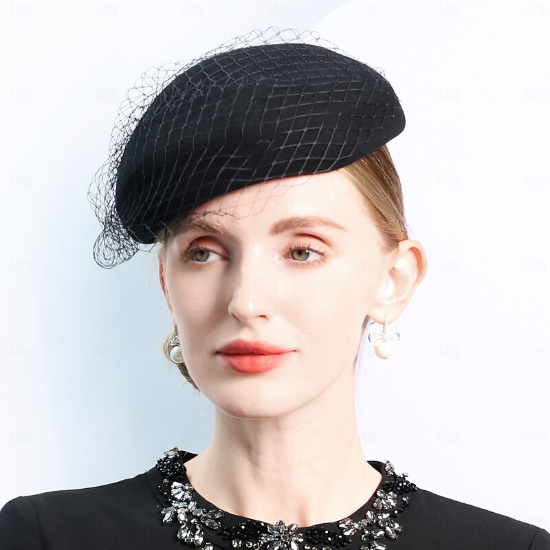 Hats 100% Wool Beret Hat Bowler / Cloche Hat Wedding Tea Party Elegant Wedding With Pure Color Tulle Headpiece Headwear4
