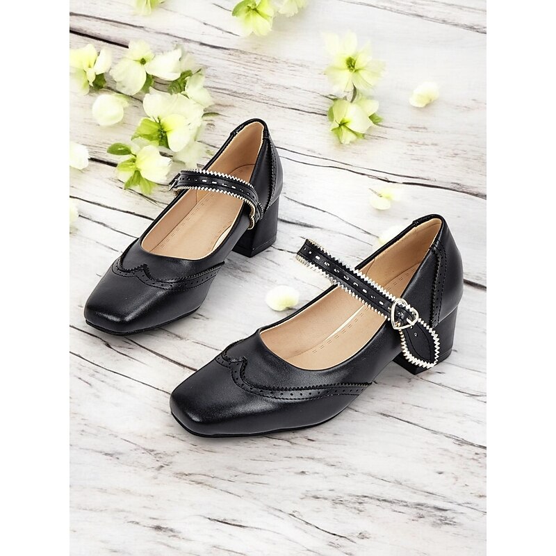 Women's Black Mary Jane Shoes with Heart Buckle Strap – Elegant Block Heel Dress Shoes for Parties and Special Occasions2