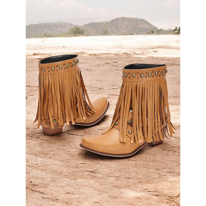 Women's Black Western-Style Ankle Boots with Fringe Detailing and Stud Accents – Trendy Boho-Inspired Footwear for Festivals and Casual Wear3