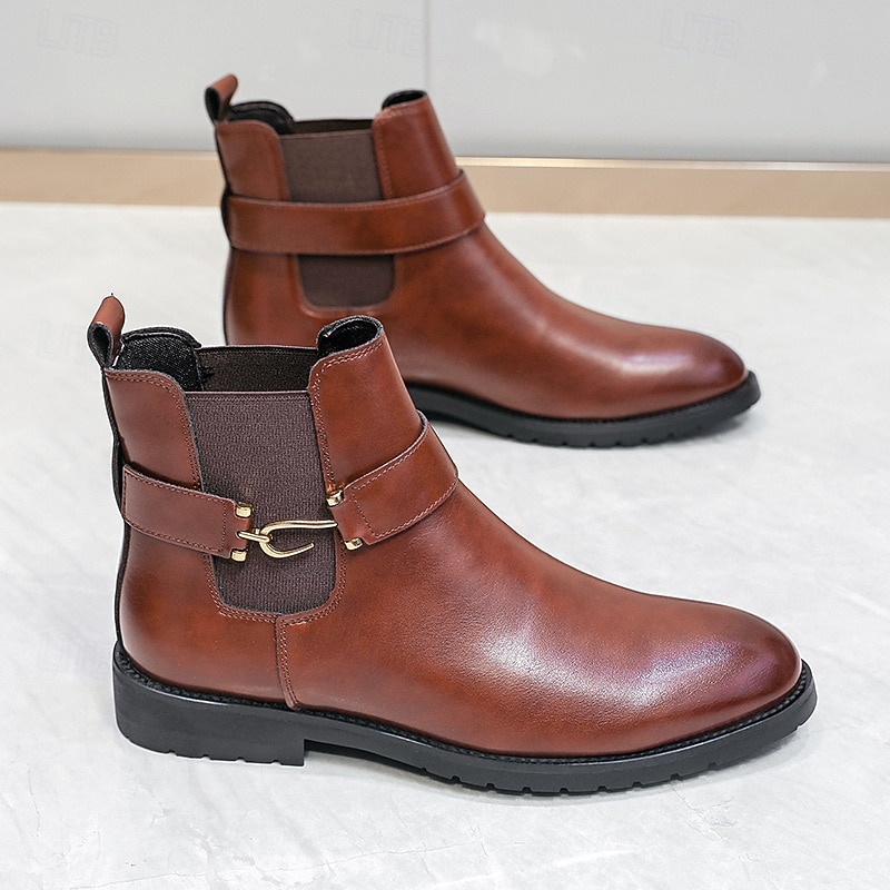Men's Brown Faux Leather Chelsea Boots with Buckle Strap, Polished Finish, and Rugged Sole – Classic Casual & Formal Footwear2