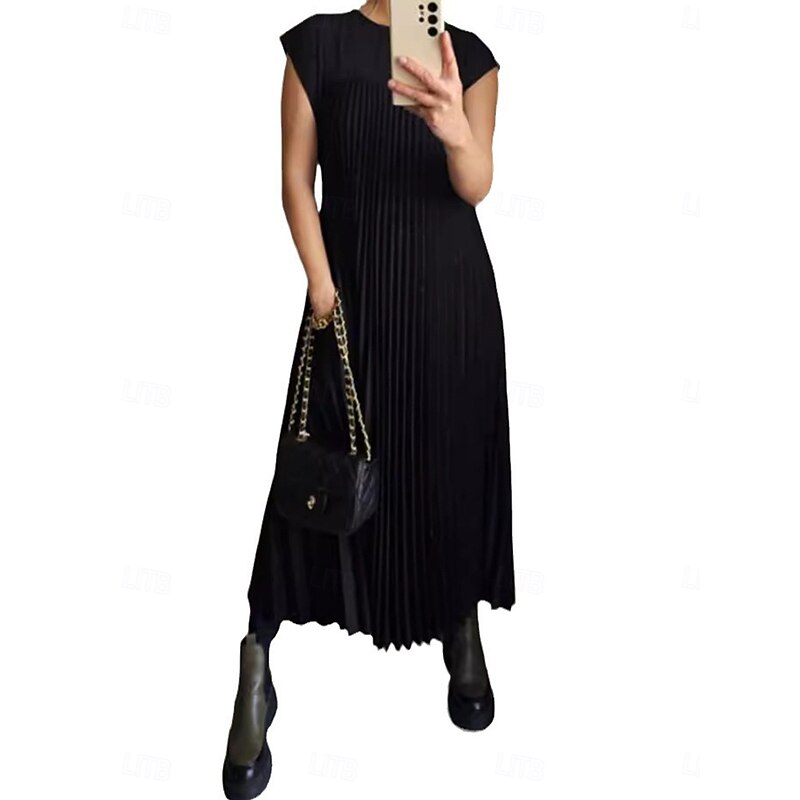 Women's Maxi Dress Casual Dress Solid Color Fashion Streetwear Party Office Daily Pleated Sleeveless Crew Neck Dress Regular Fit Black Yellow Beige Summer S M L XL XXL4