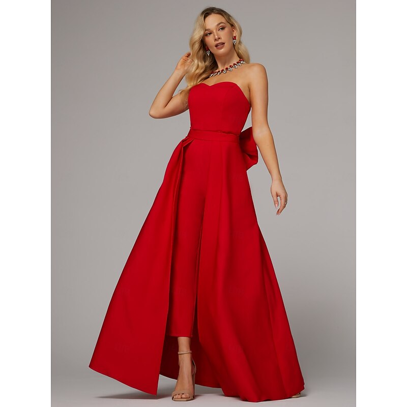 Jumpsuits Evening Gown Elegant Dress Wedding Guest Floor Length Sleeveless Sweetheart Pocket Satin with Bow(s) Overskirt