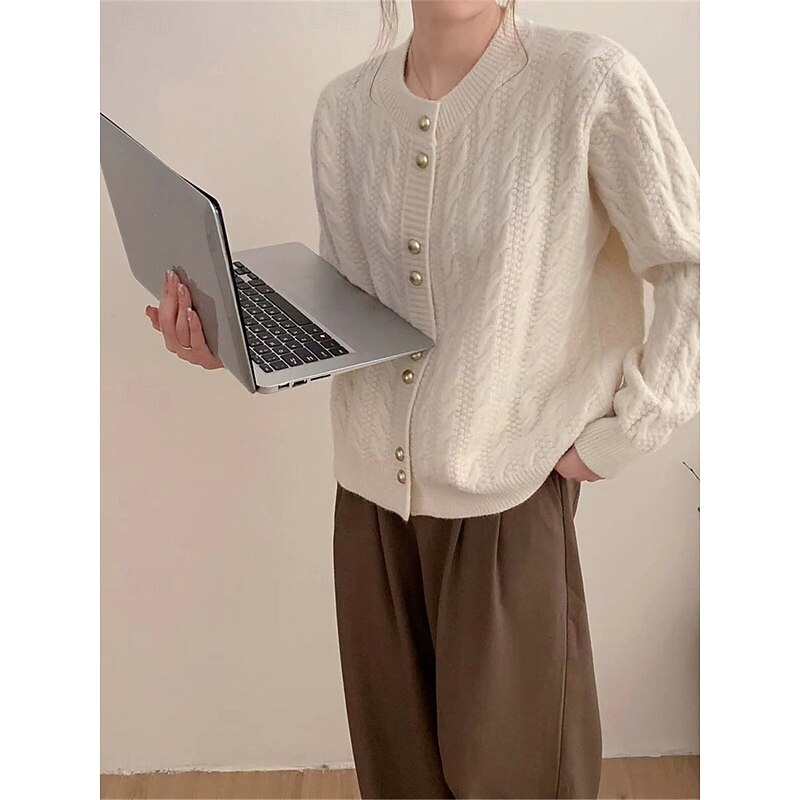 Women's Sweater Cardigan Casual Soft Pure Color Cable Crew Neck Buttons Knitted Long Sleeve Regular Tops Knit Outdoor Daily Weekend White Pink Fall Winter2