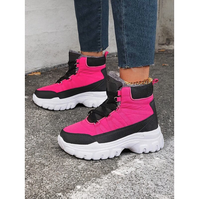 Women's Winter Pink and Black Lace-Up Snow Boots with Fur Lining and Chunky Sole – Stylish and Warm Footwear for Outdoor Adventures2