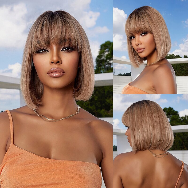 Human Hair Blend Wig Short Straight Natural Straight Pixie Cut Short Bob Layered Haircut With Bangs Brown Cosplay Curler & straightener Natural Hairline Capless Brazilian Hair Women's All Light Brown2
