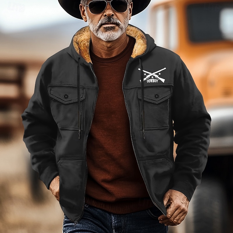 Men's Cowboy Fleece Hoodies Fashion Cool Long Sleeve Hooded Holiday Streetwear Black Brown Zipper Pocket Fall Winter Designer3