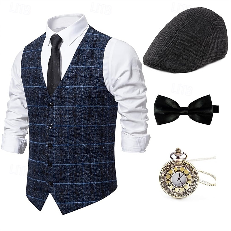 Retro Vintage Roaring 20s 1920s Outfits Waistcoat Accesories Set Gentleman Gangster Plaid Check Fancy Dress Men's Carnival Costume 4 PCS Halloween Carnival New Year Masquerade Cocktail Party Theme2
