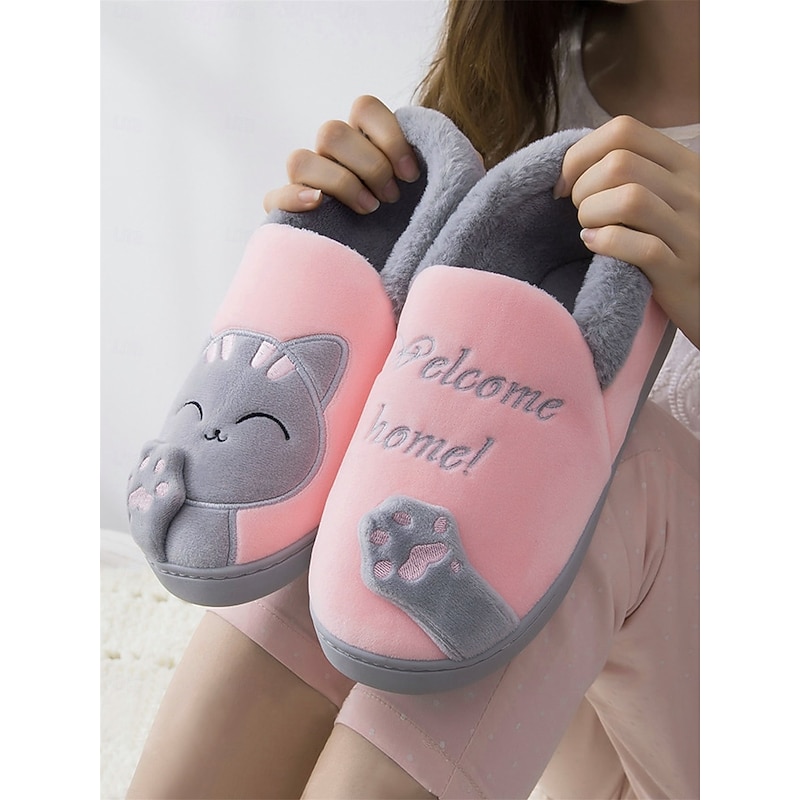 Women's Pink and Gray Indoor Slippers with Cute Cat Design - Plush Lining, Non-Slip Sole, Perfect for Cozy Winter Comfort 5