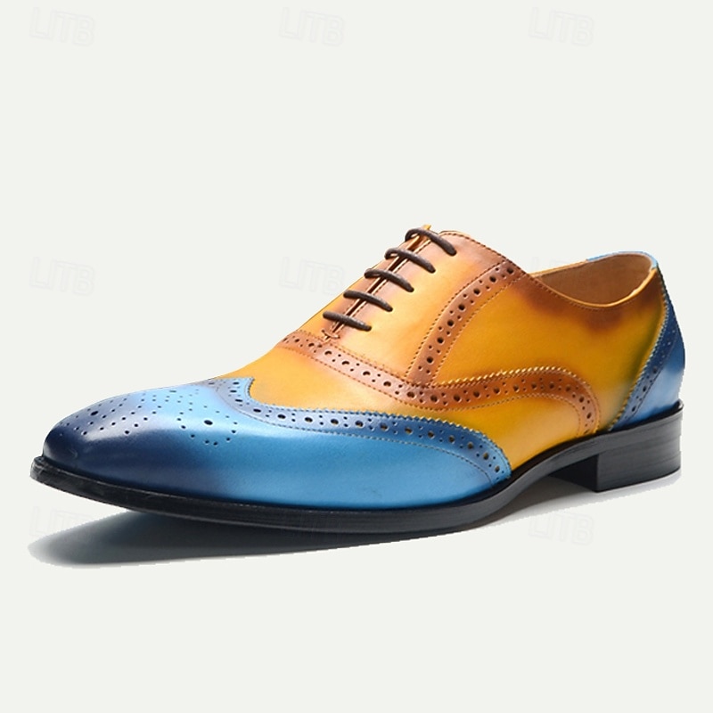 Men's Gradient Brogue Oxford Shoes – Premium Cowhide Leather with Yellow and Blue Design, Perfect for Business, Parties, or Formal Occasions2