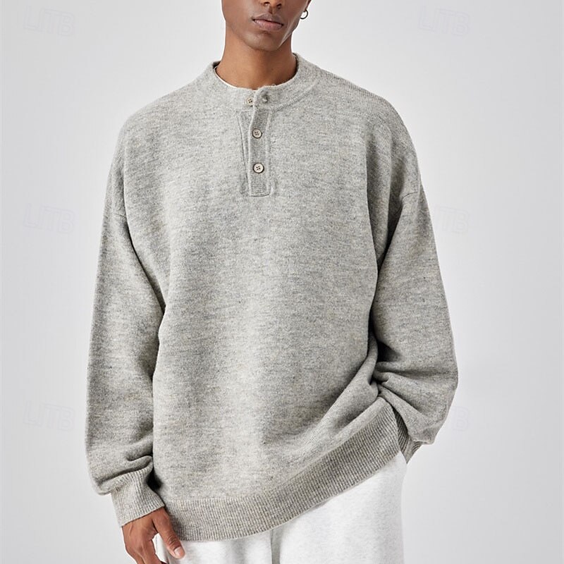 Men's Pullover Sweater Jumper Knit Sweater Pullover Polo Sweater Ribbed Knit Regular Knitted Plain Henley Fashion Basic Vacation Daily Wear Clothing Apparel Fall & Winter Black Light Grey M L XL