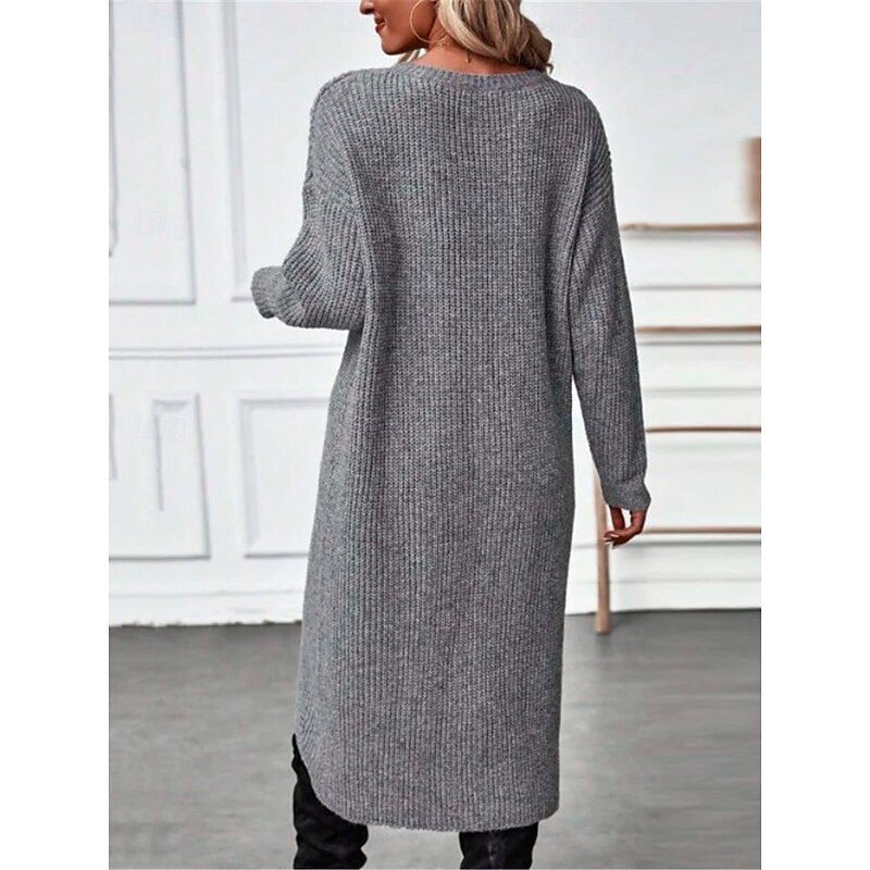 Women's Sweater Sweater Dress Casual Soft Pure Color Ribbed Crew Neck Knitted Long Sleeve Long Tops Knit Outdoor Daily Weekend Green Khaki Fall Winter2