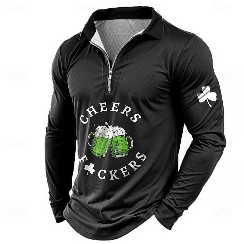 Men's Letter Printed Oktoberfest Beer Zip Polo Shirts Golf Shirt Long Sleeve Polo Shirts Collared Shirts Vintage Casual Outdoor Street Dailywear 3D Print Quarter Zip Polo Spring Fall & Winter Black4