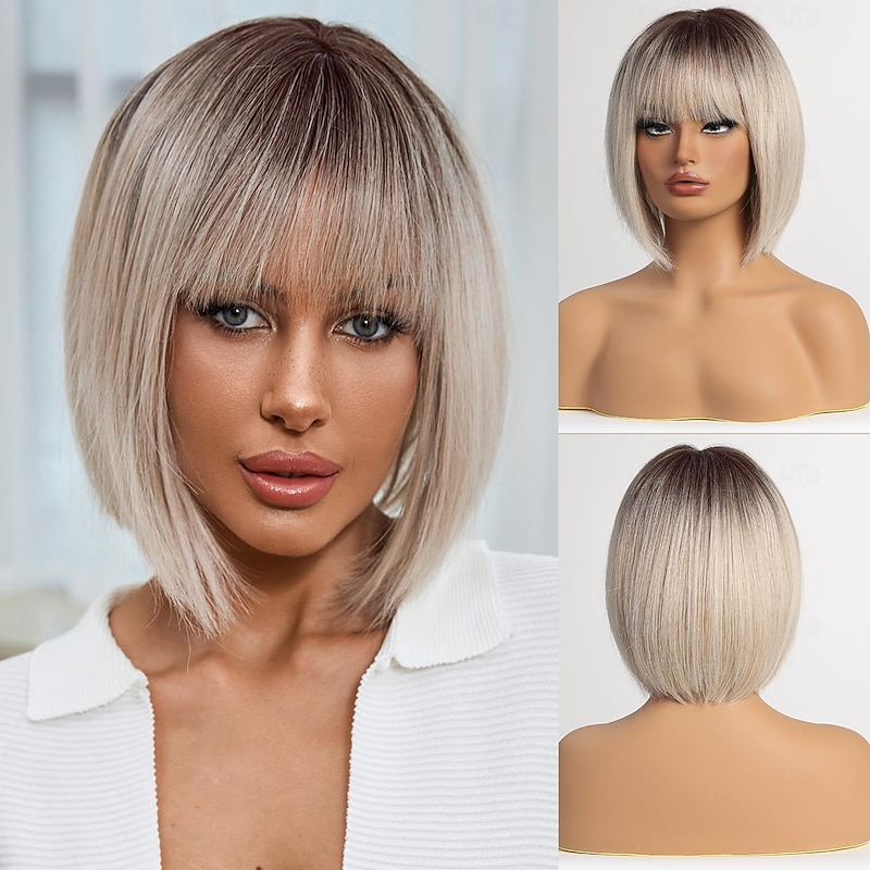 Bob Wig with Bangs Short Bob Wigs for Women Short Heat Resistant Synthetic Wig Natural Looking for Daily Use Party and Cosplay