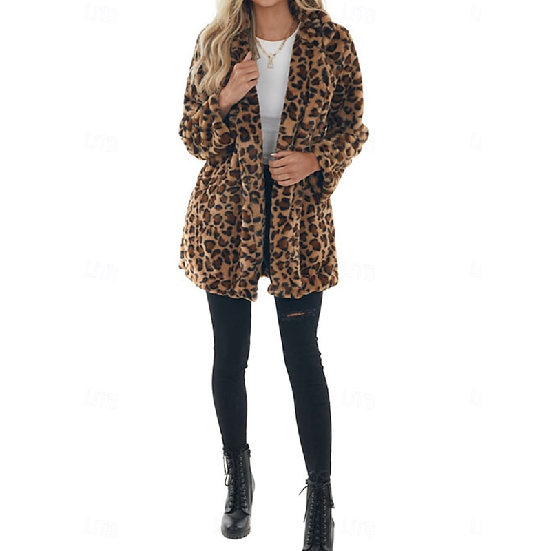 Women's Winter Coat Warm Breathable Patchwork with Pockets Vintage Fashion Leopard Party / Evening Open Front Long Turndown Regular Fit Long Sleeve Outerwear Leopard Fall Winter2