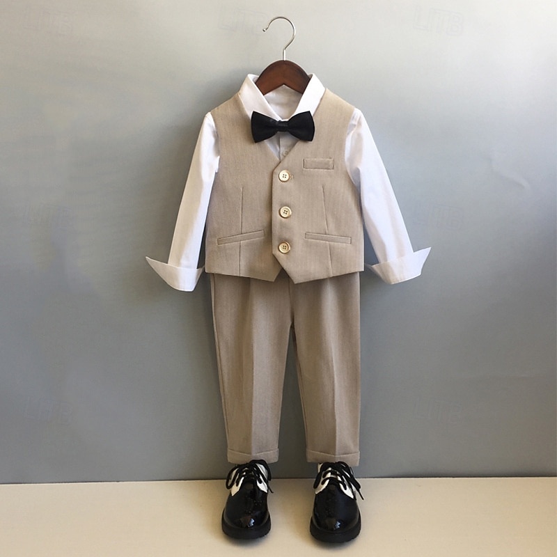 4 Pieces Ring Bearer Suit Boys Kids Suit Formal Suit Vest & Pants Formal Party Valentines Fashion Cool Solid Color Pocket Beige Gray Polyester2