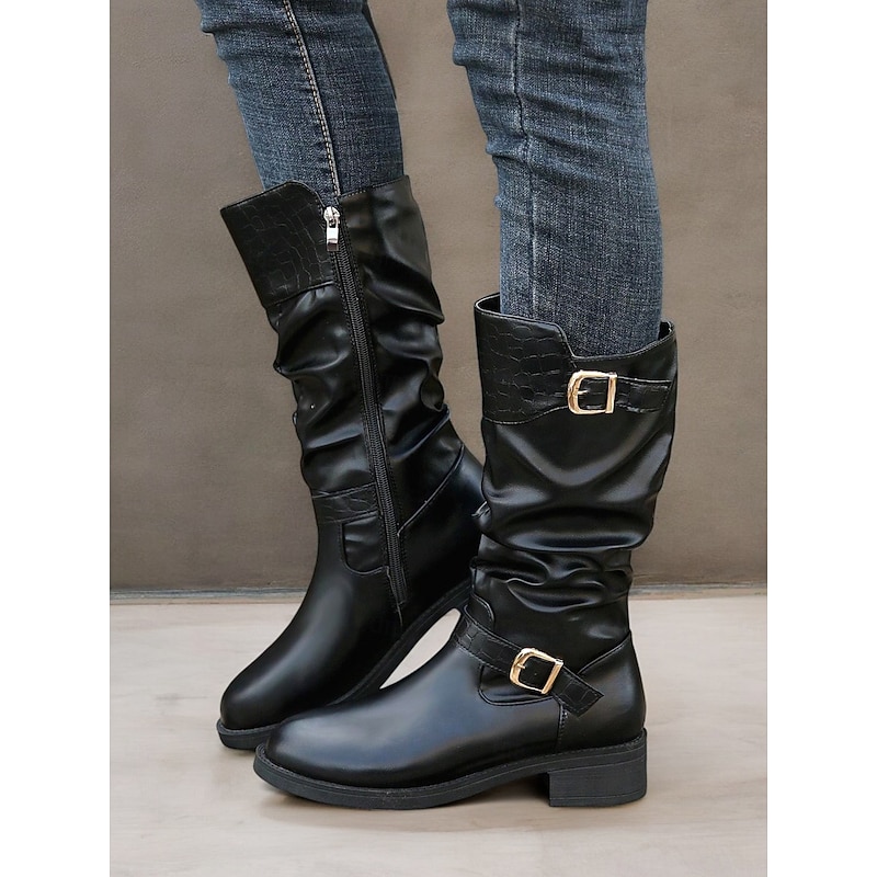 Women's Black Mid-Calf Slouchy Boots with Croc-Embossed Detail and Gold Buckle Accents – Casual and Stylish Design 6