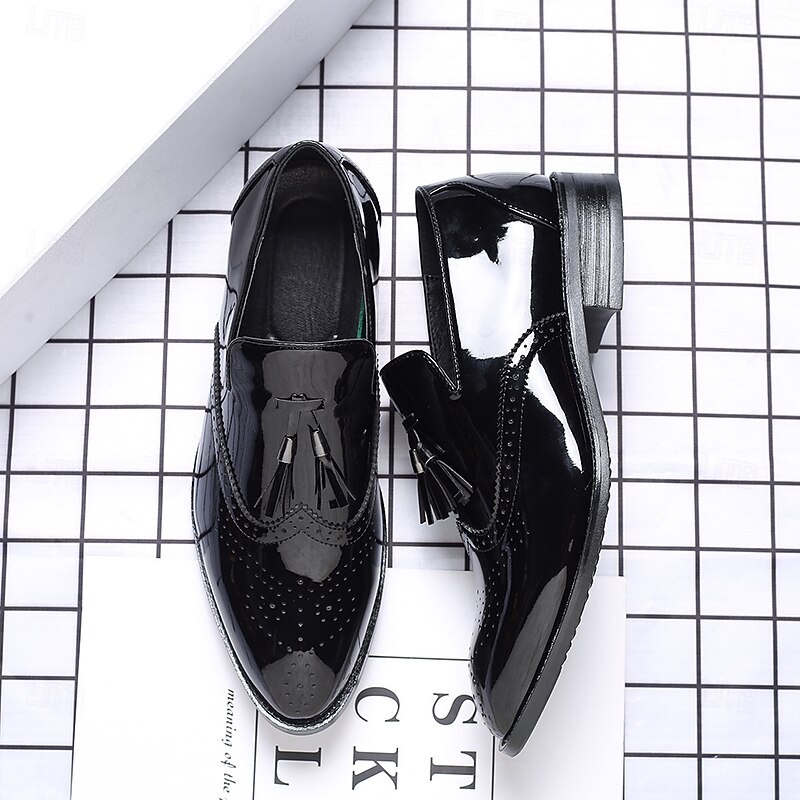Men's Black Patent Leather Tassel Loafers – Sleek Formal Dress Shoes with Brogue Detailing3