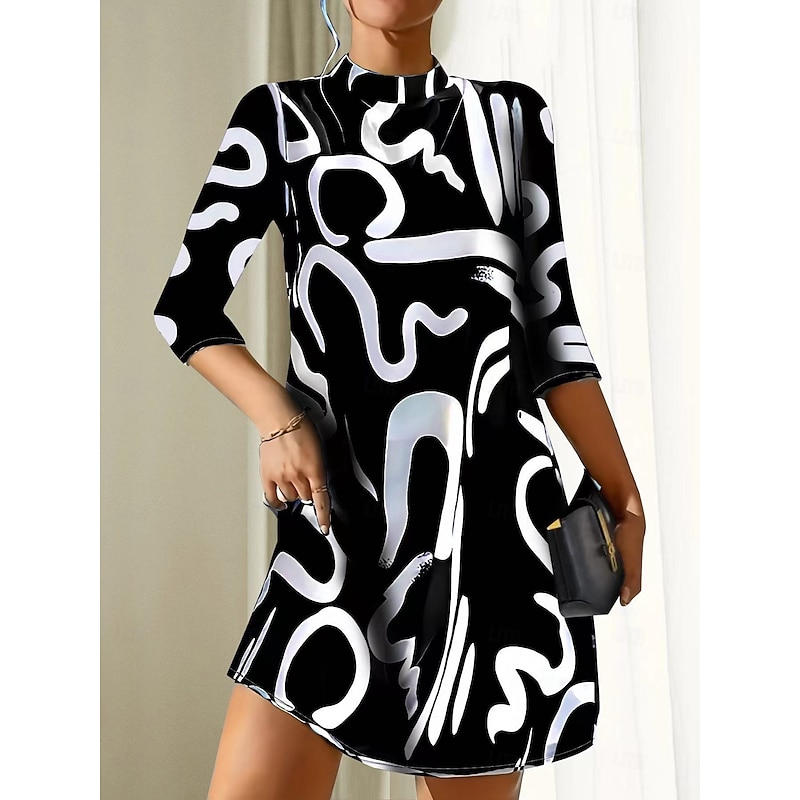 Women's Geometric Stand Collar Mini Dress 3/4 Length Sleeve Spring Fall3