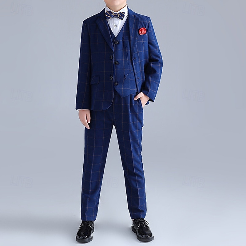 3/4/5 pieces Ring Bearer Suit Boys Kids Suit Formal Suit Blazer & Vest & Pants Formal Party Valentines Fashion Cool Plaid Pocket Navy Blue Polyester2