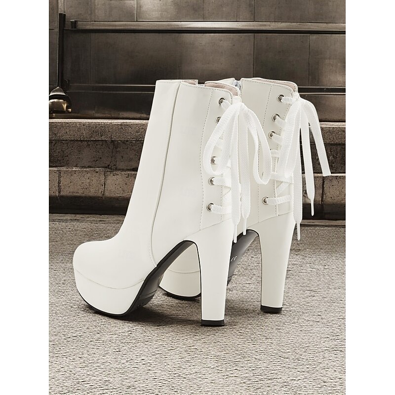 Women's White Platform Ankle Boots with Lace-Up Back and Side Zipper – Trendy High Heel Boots for Parties and Night Out2