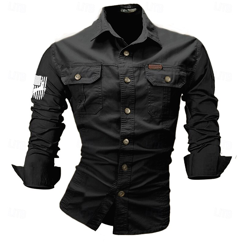 Men's Reindeer American US Flag Work Shirt Western Shirt Cargo Shirt Long Sleeve Casual Tactical Sports & Outdoor Going out Hunting Spring Fall Turndown Print Black White Army Green Red Blue2