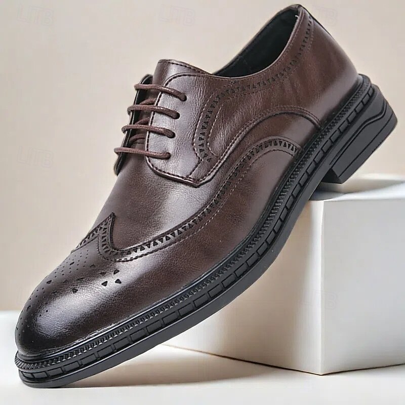 Men's Brown Brogue Oxford Shoes with Wingtip Design and Rubber Sole - Classic Formal Footwear for Business, Office, and Special Events