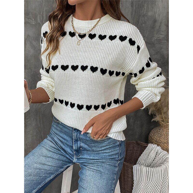 Women's Sweater Casual Soft Heart Ribbed Crew Neck Knitted Long Sleeve Regular Tops Knit Outdoor Daily Weekend White Fall Winter