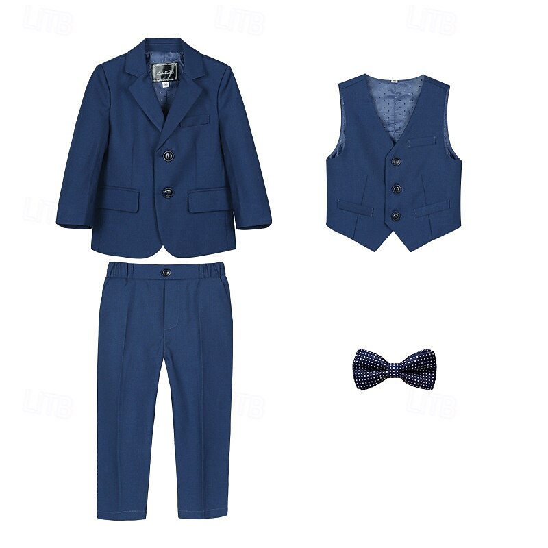 4 Pieces Ring Bearer Suit Boys Kids Suit Formal Suit Blazer & Vest & Pants & Tie Formal Party Valentines Fashion Cool Solid Color Pocket White Wine Navy Blue Polyester4