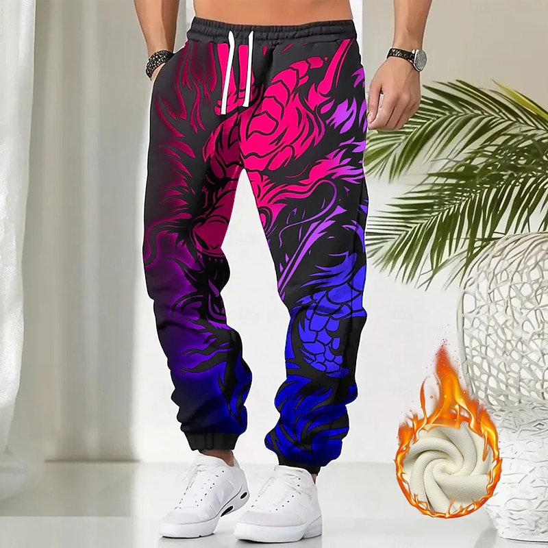 Men's Dragon Fleece Sweatpants Drawstring Elastic Waist Fashion Casual Outdoor Home Party Evening Wear Pocket Thermal Winter 3D Print Purple