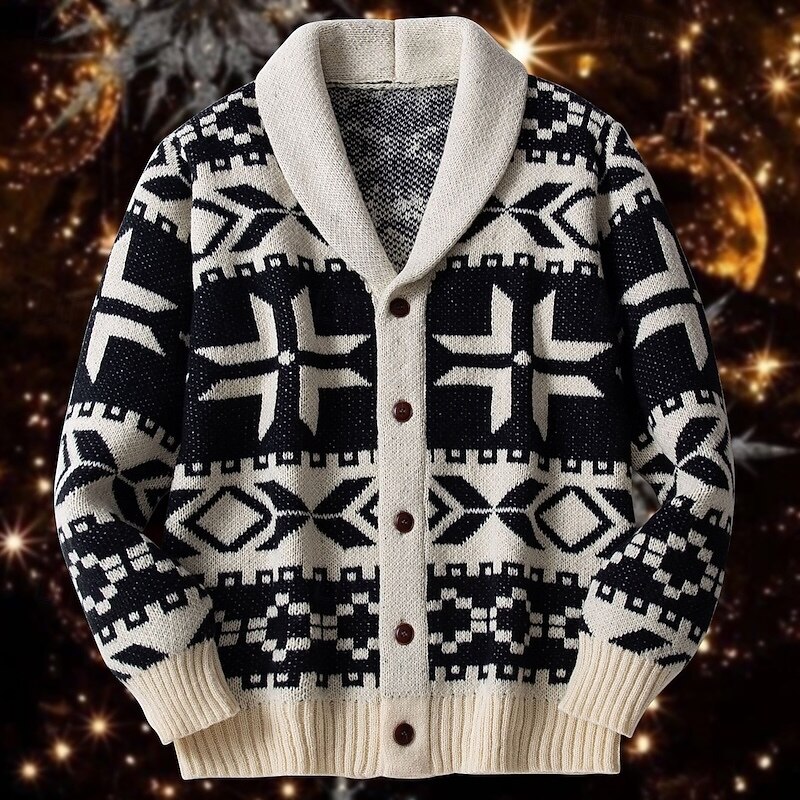 Men's Jacquard Sweater Cardigan Sweater Cropped  Sweater Knit Sweater Ribbed Crochet Knit Regular Knitted Jacquard Plaid / Striped / Chevron / Round Shawl Collar Fashion Classic Daily Wear Date2
