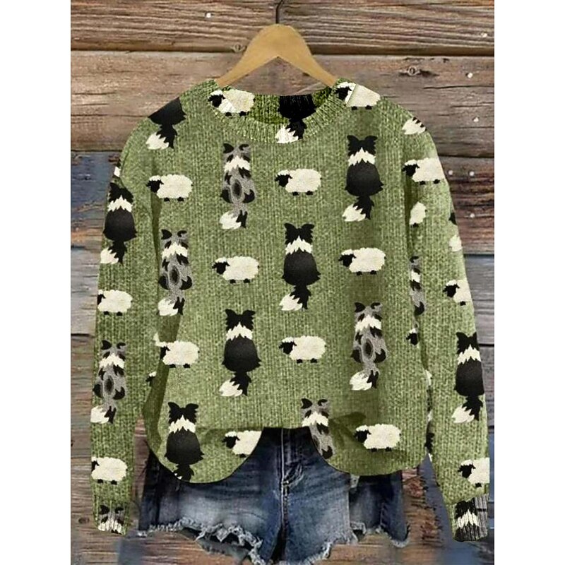 Women's Sweater Daily Graphic Animal Ribbed Crew Neck Print Drop Shoulder Long Sleeve Regular Tops Knit Formal Weekend Green Fall Winter