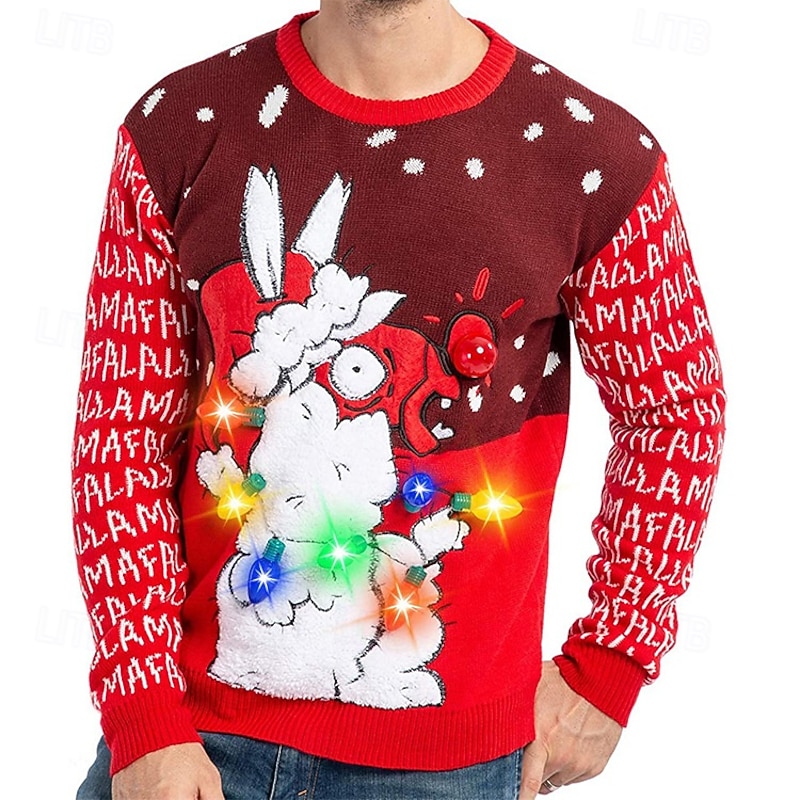 Santa Claus Ugly Christmas Sweater Pullover Jumper Men's Christmas Novelty Funny Knitted Light Up Pattern Adults Christmas New Year Christmas Eve Christmas Party Top