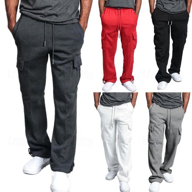 Men's Fleece Pants Sweatpants Joggers Trousers Cargo Sweatpants Drawstring Elastic Waist Multi Pocket Solid Color Warm Sports Casual Daily Fashion Streetwear Loose Fit Black White